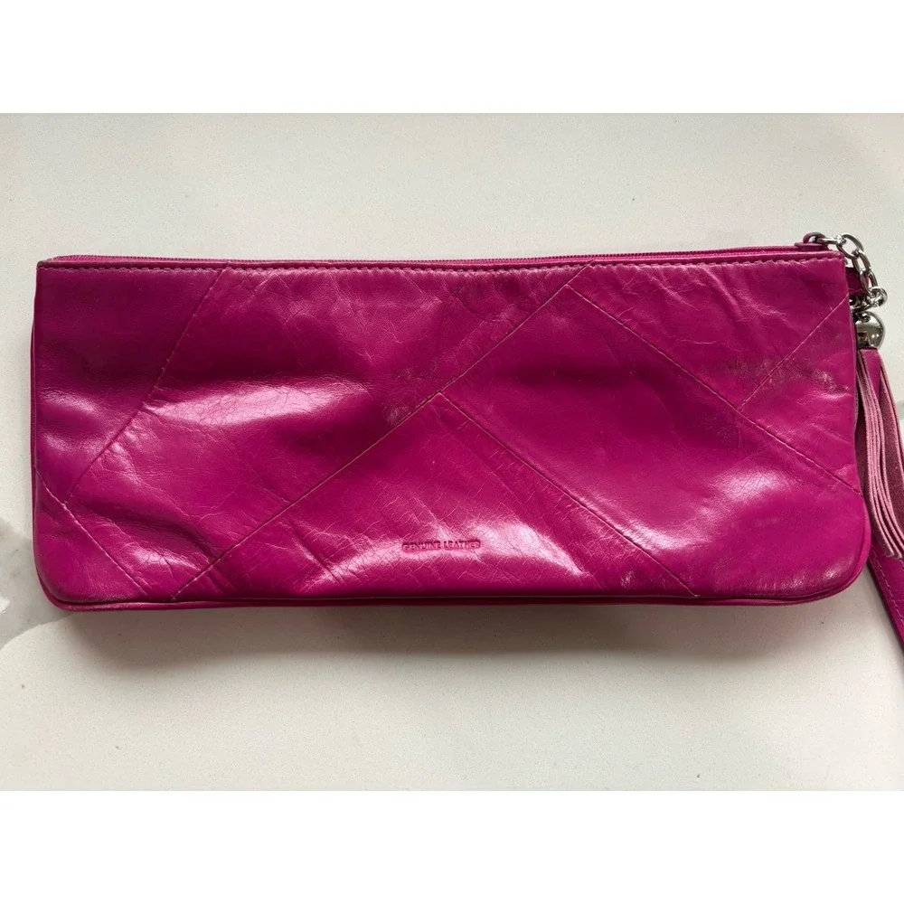 Hot Pink Leather Wristlet Clutch Tassel  Zipper Pocket Card Slots